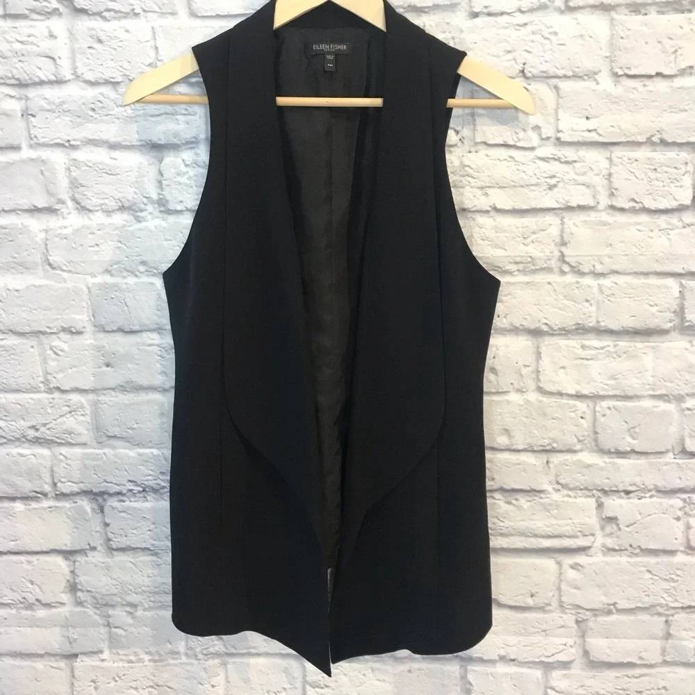 Eileen Fisher tux vest silk collar black contrast classic tailored luxurious euc - Picture 10 of 10